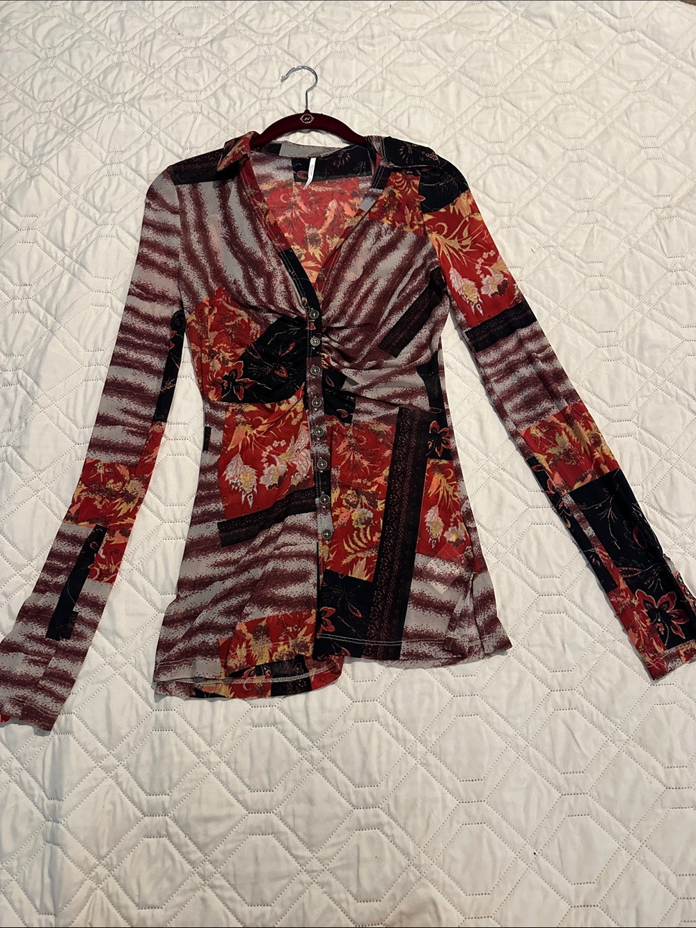 Free People Red Floral Patchwork Button-Front Top